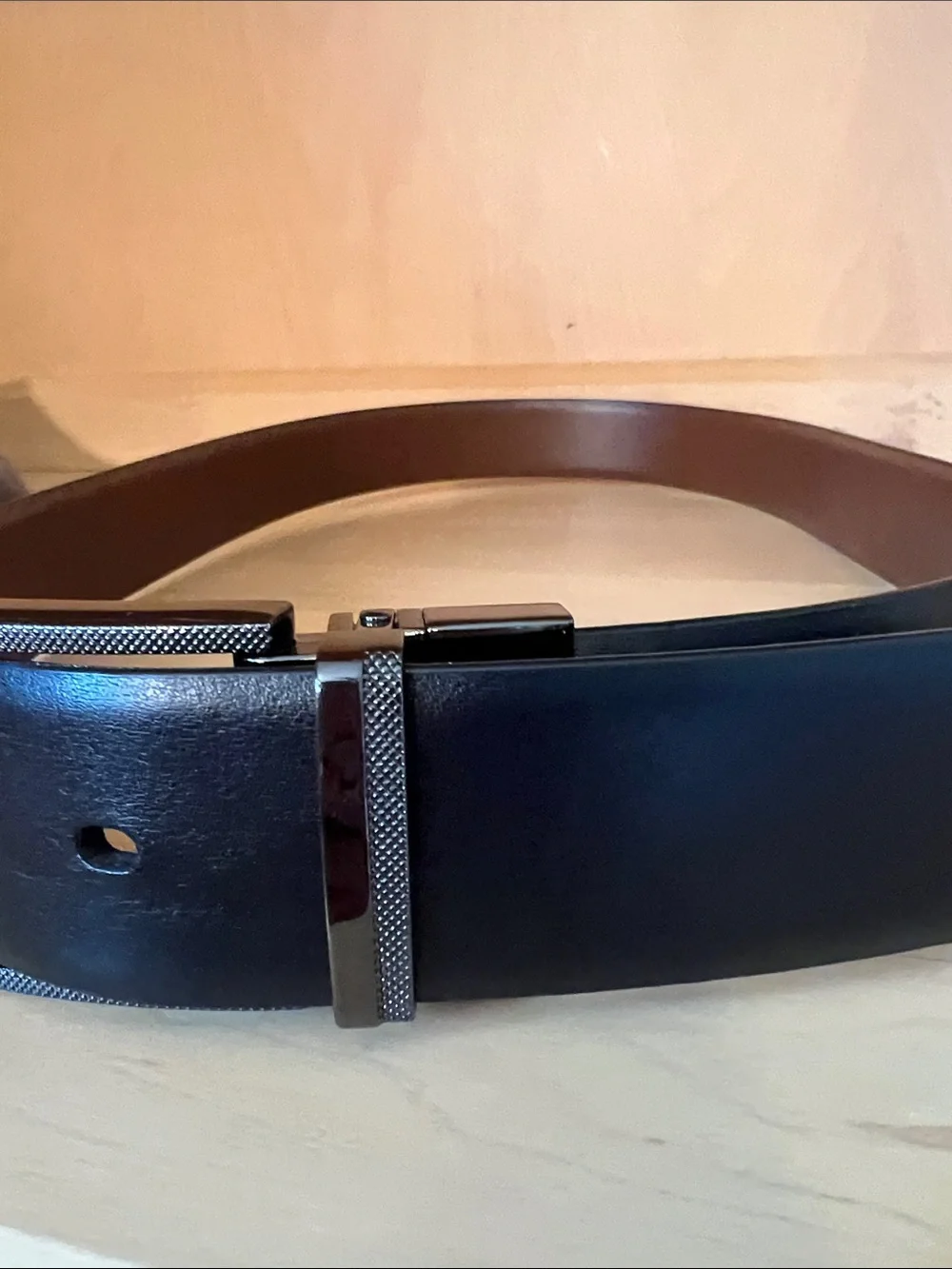 Reversible Black/Brown Leather Dress Belt with Textured Buckle